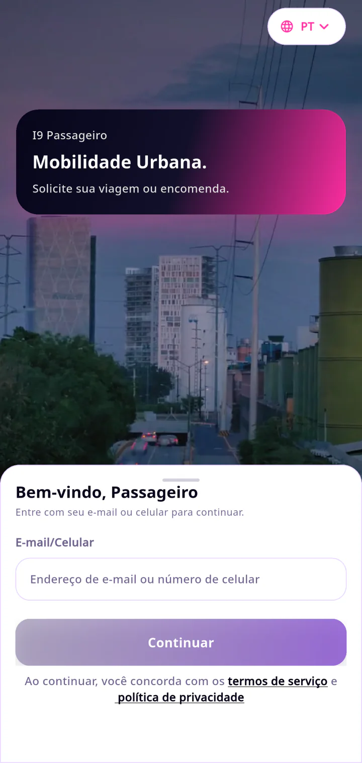 Tela real e atual do aplicativo I9 Passageiro executado no ambiente demonstrativo